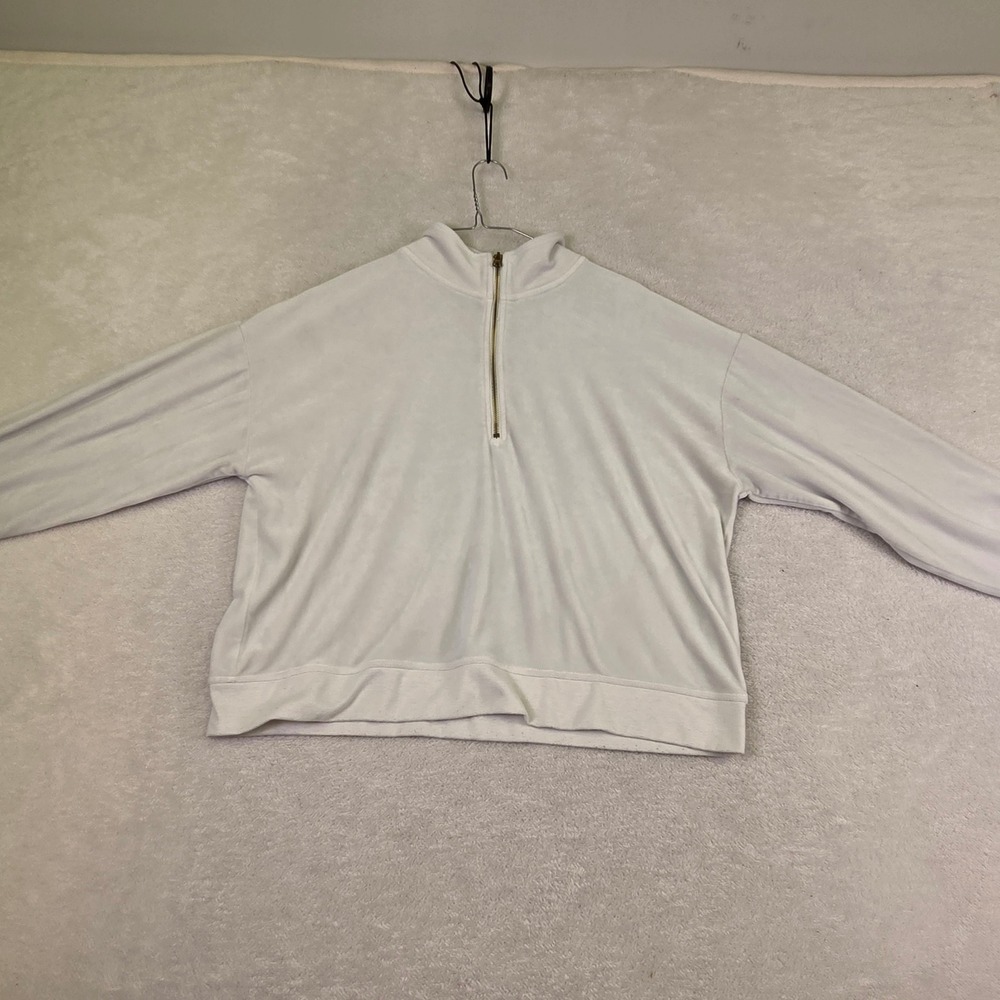 Avia Women White Velour Quarter Zip Pullover Sweatshirt Size L 12-14 Mock Neck